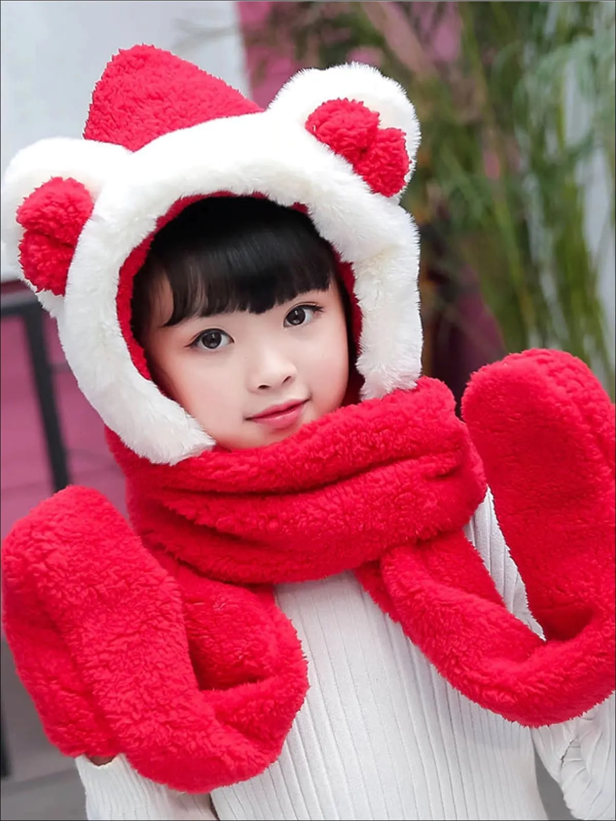 Girls Soft Plush Bear Ear Winter Hat with Neck Scarf