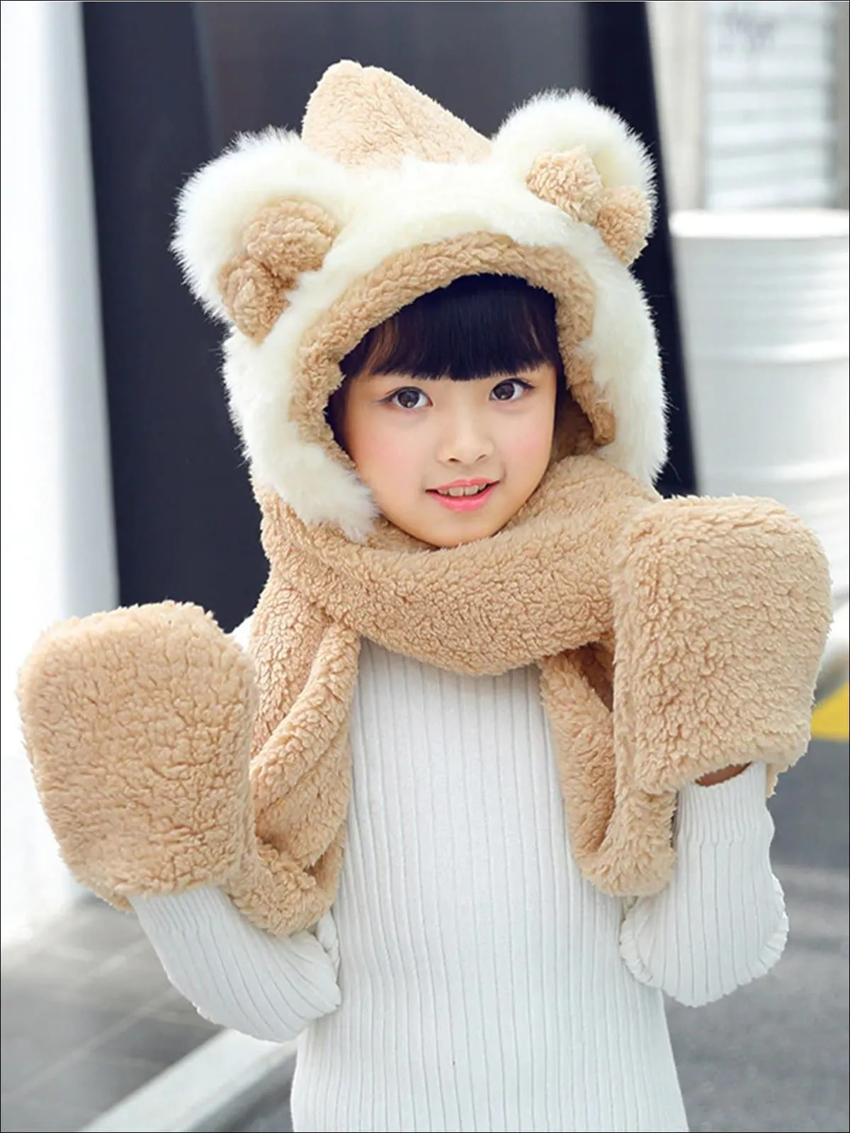 Girls Soft Plush Bear Ear Winter Hat with Neck Scarf