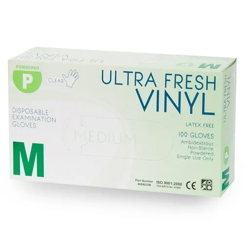 Gloves Vinyl  - 100 Pack, ULTRA FRESH Vinyl Disposable Powdered Gloves (Clear)