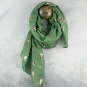 Green Moss & Metallic Rose Gold Tree Print Scarf