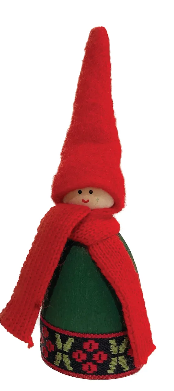 Green Tomte with Decorative Ribbon and Red Scarf