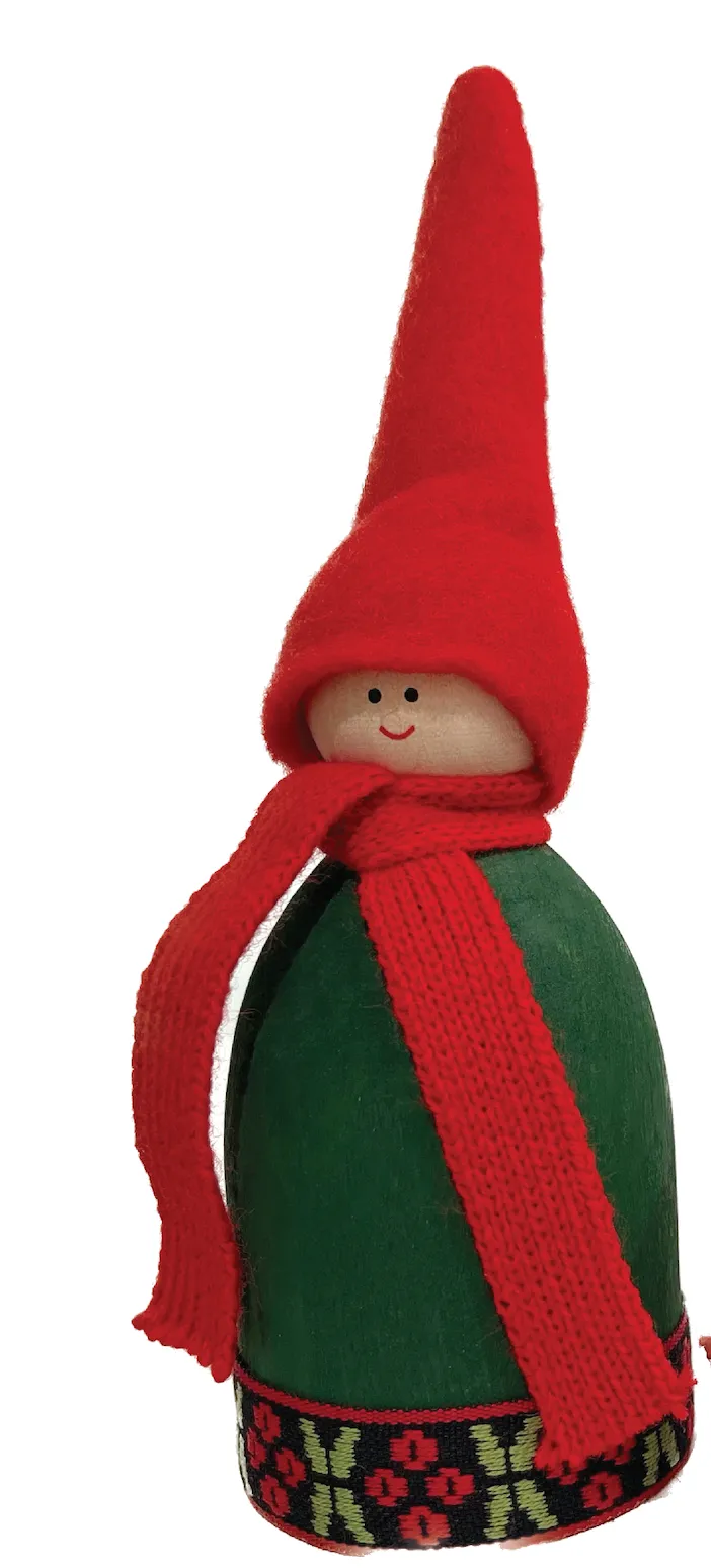 Green Tomte with Decorative Ribbon and Red Scarf