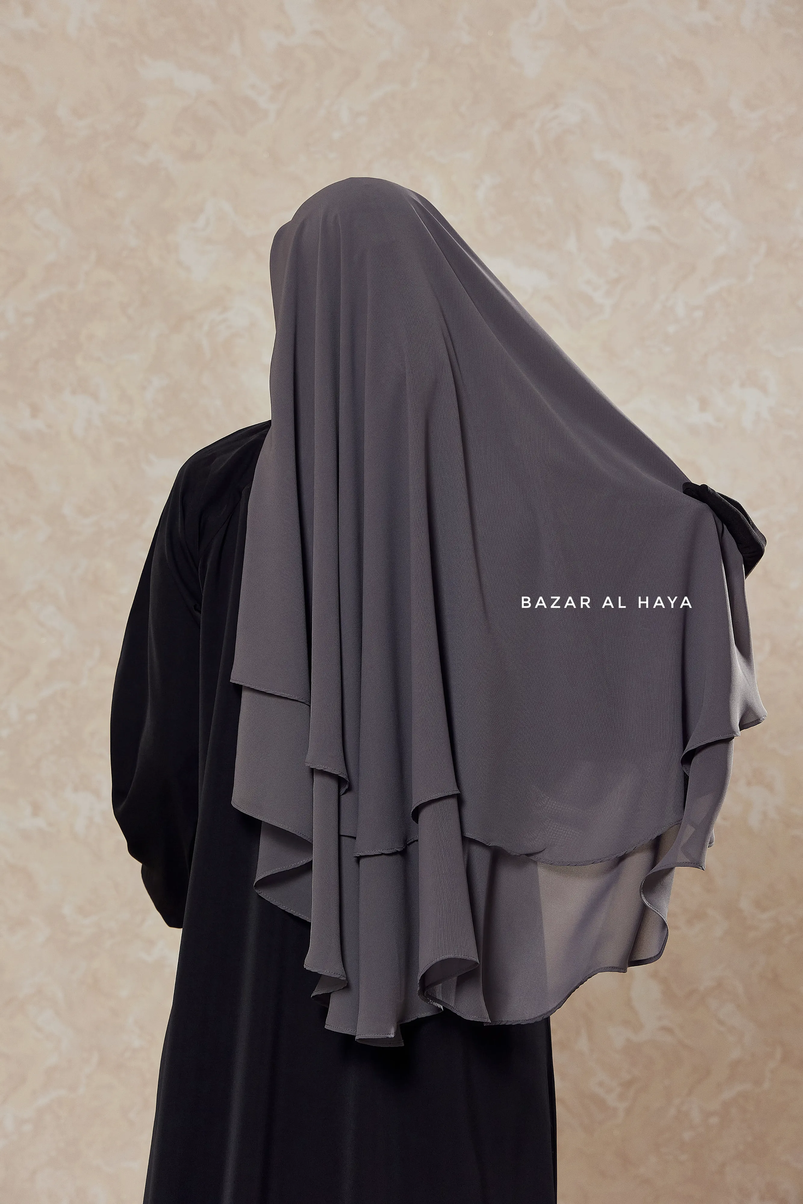 Grey Two Layered Three -In- One Snap Scarf, Khimar, Cape - Medium