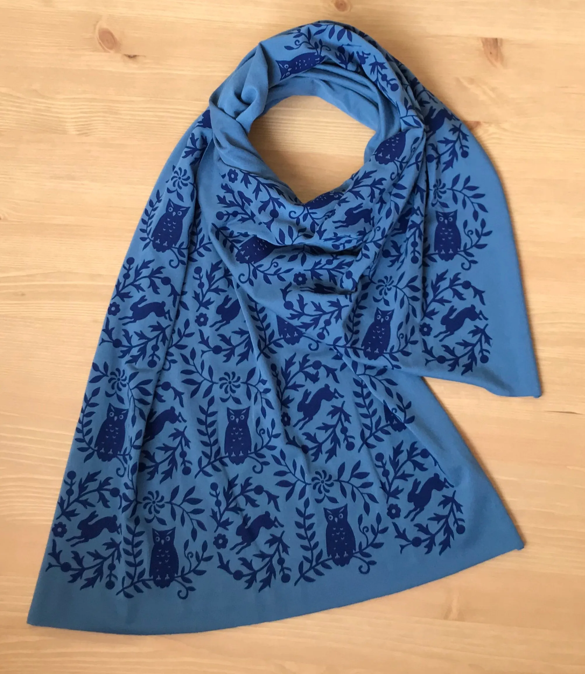 Hand-Printed Scarf - Teal Blue Owl Pattern Handmade Scarf - Eco-Friendly Bamboo Scarf