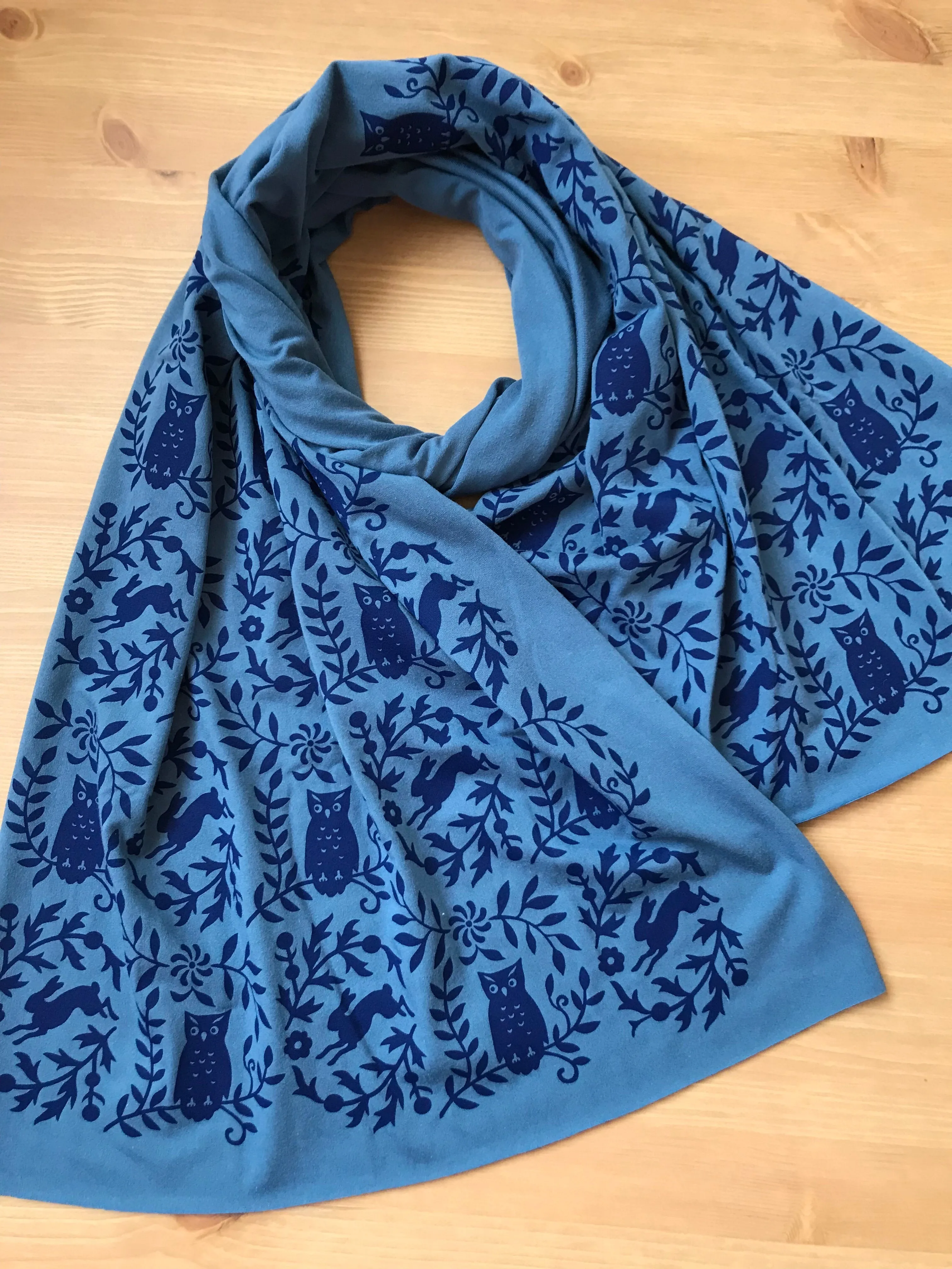 Hand-Printed Scarf - Teal Blue Owl Pattern Handmade Scarf - Eco-Friendly Bamboo Scarf