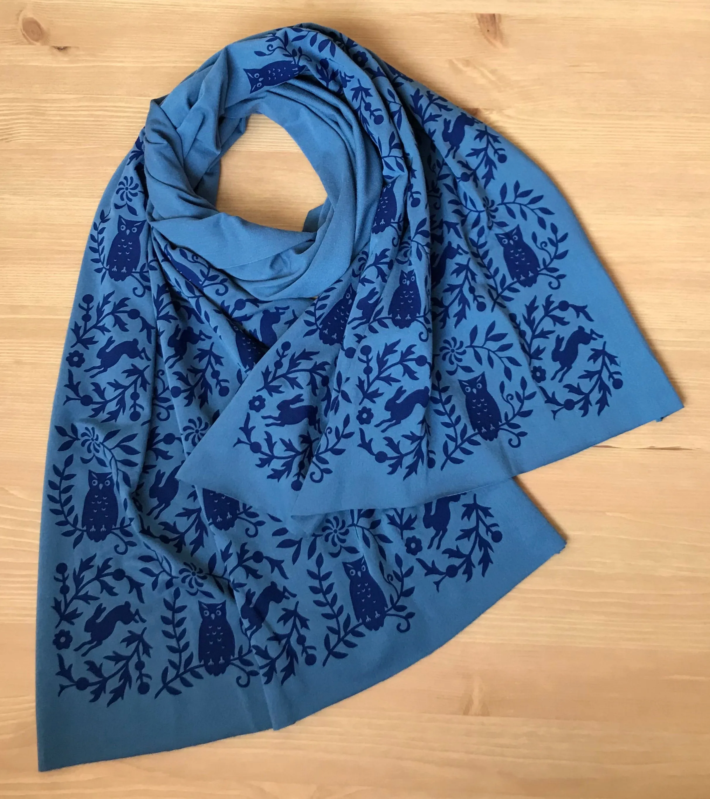 Hand-Printed Scarf - Teal Blue Owl Pattern Handmade Scarf - Eco-Friendly Bamboo Scarf