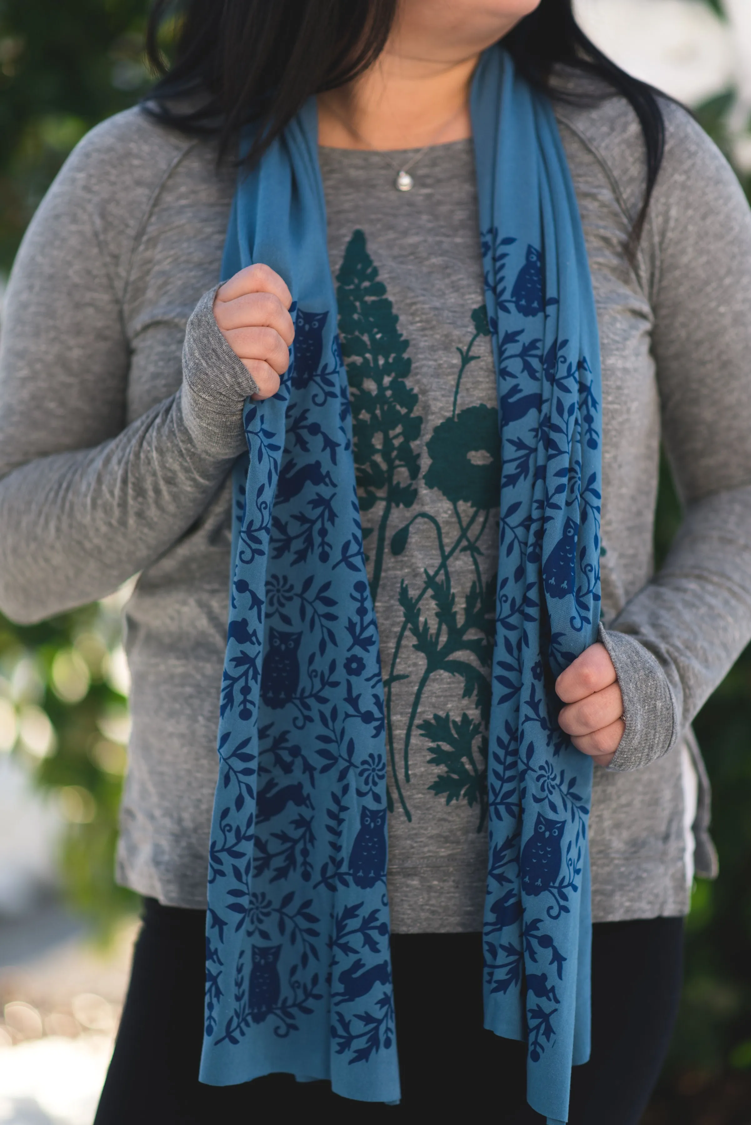 Hand-Printed Scarf - Teal Blue Owl Pattern Handmade Scarf - Eco-Friendly Bamboo Scarf