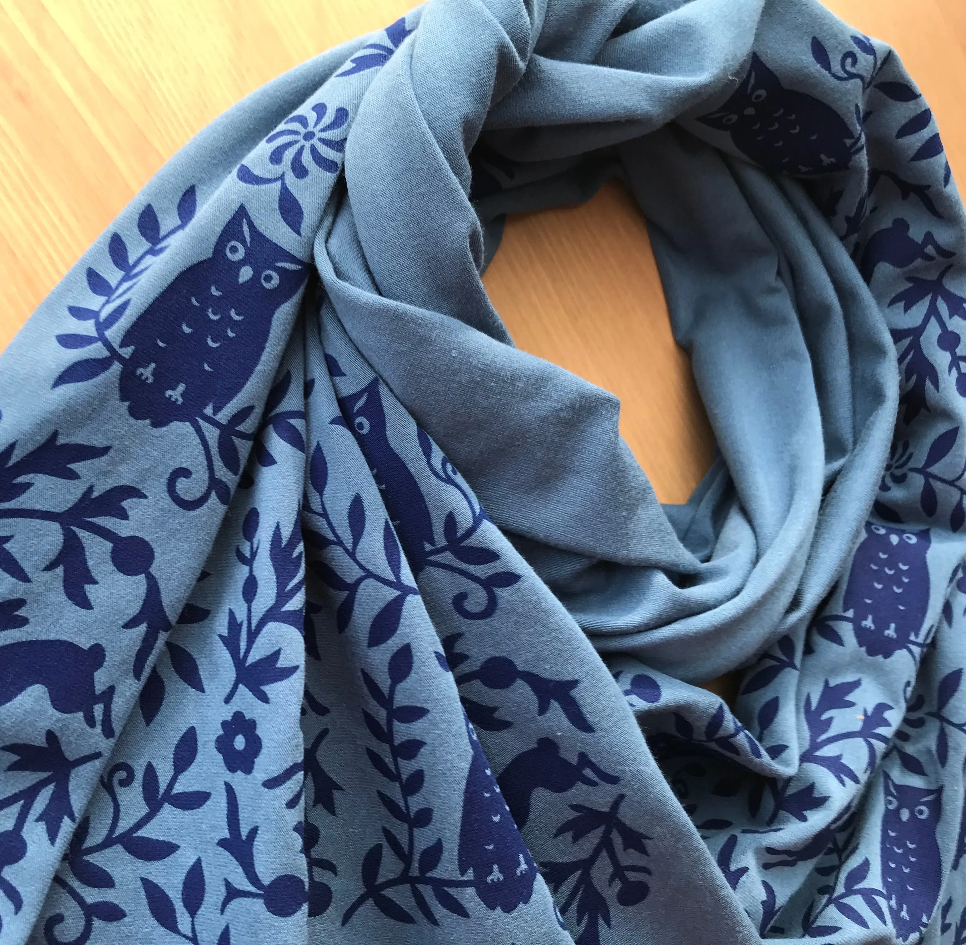 Hand-Printed Scarf - Teal Blue Owl Pattern Handmade Scarf - Eco-Friendly Bamboo Scarf