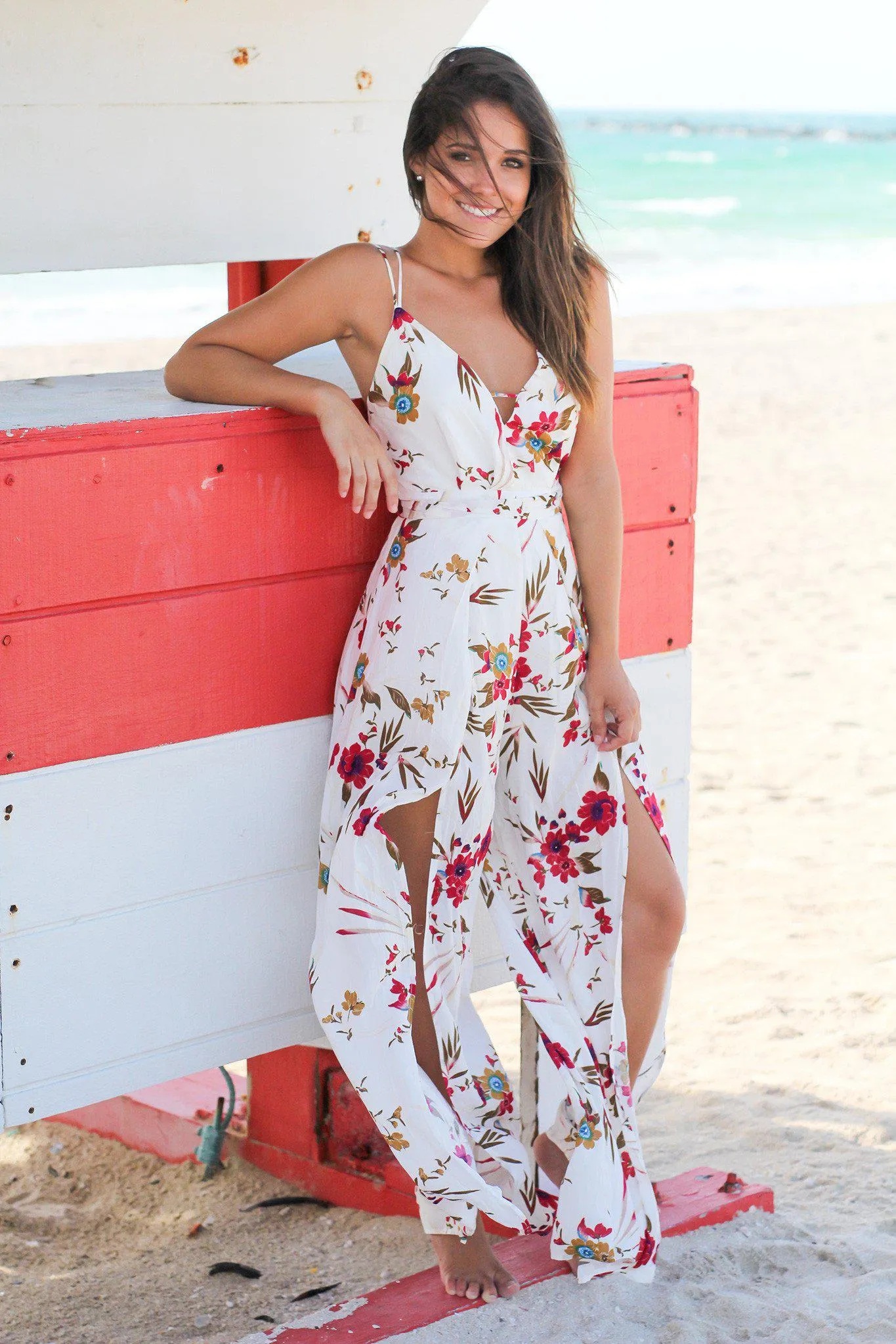 Ivory Floral Jumpsuit with Criss Cross Back