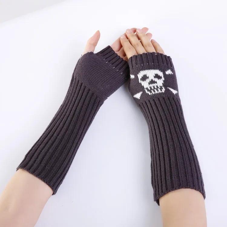 Jacquard Skull Fingerless Warm Gloves Knit Ski Gloves(Deep Gray)