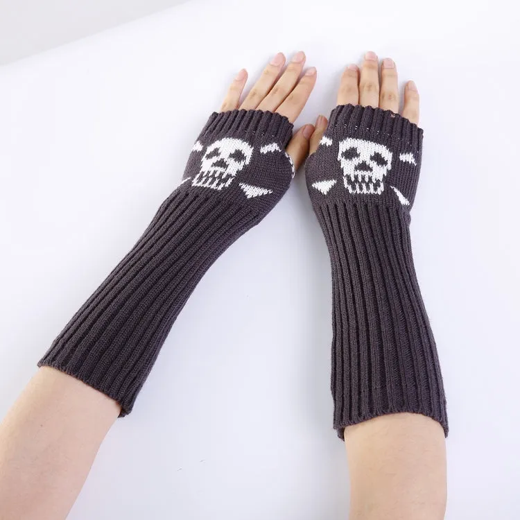 Jacquard Skull Fingerless Warm Gloves Knit Ski Gloves(Deep Gray)