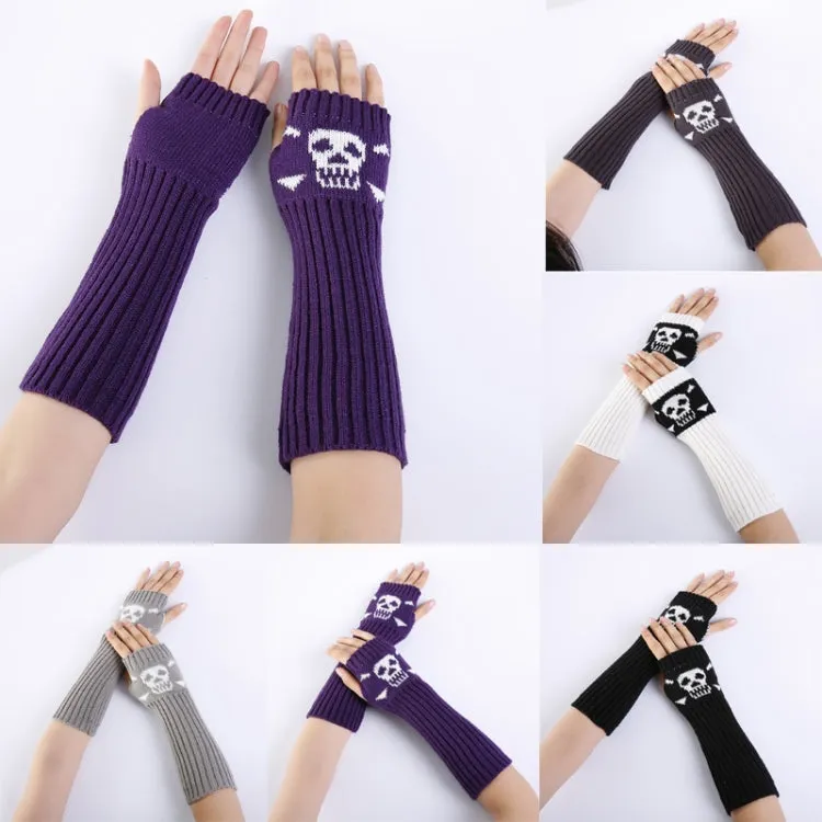 Jacquard Skull Fingerless Warm Gloves Knit Ski Gloves(Purple)