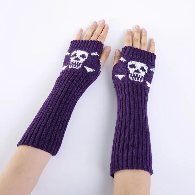 Jacquard Skull Fingerless Warm Gloves Knit Ski Gloves(Purple)