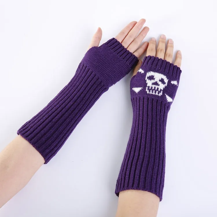 Jacquard Skull Fingerless Warm Gloves Knit Ski Gloves(Purple)