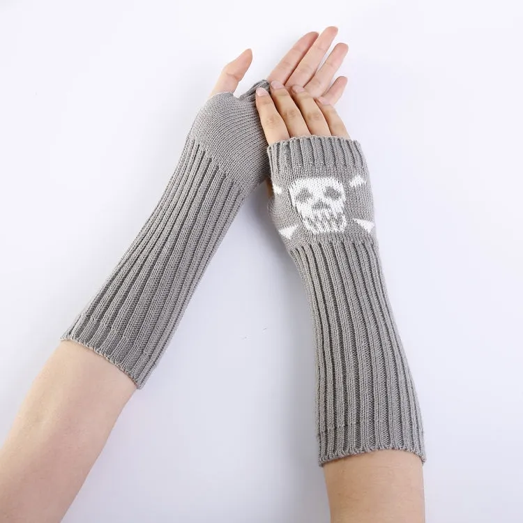 Jacquard Skull Fingerless Warm Gloves Knit Ski Gloves(Shallow Gray)