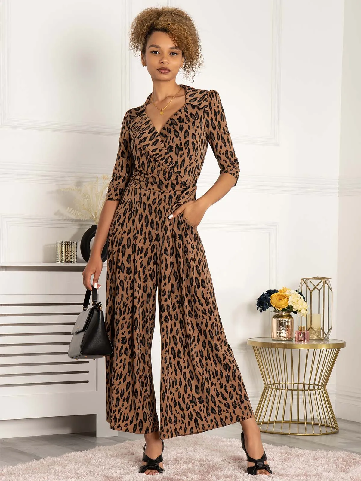 Jolie Moi Saphira Jersey Jumpsuit, Brown Animal