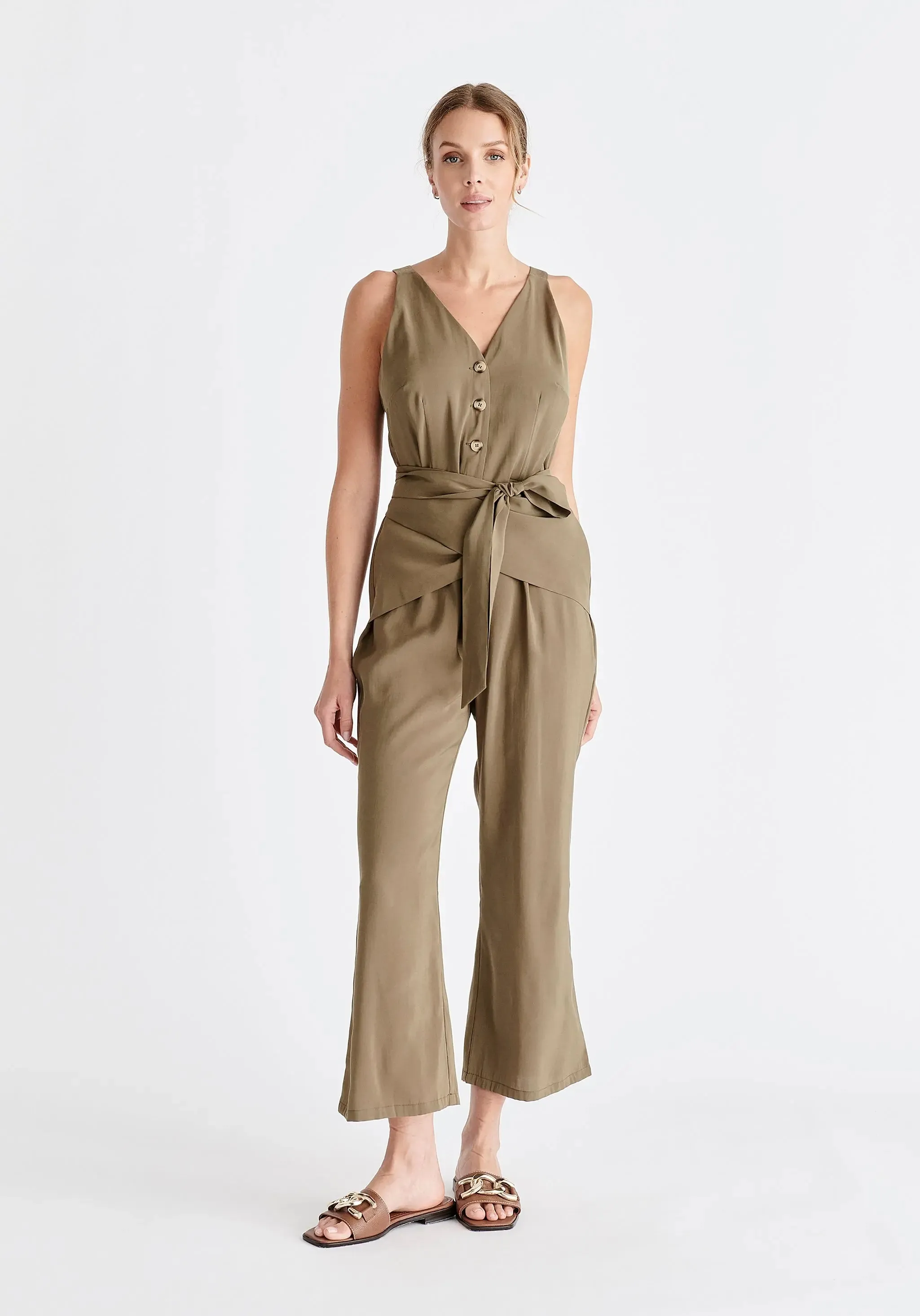 Khaki Waist Tie Jumpsuit