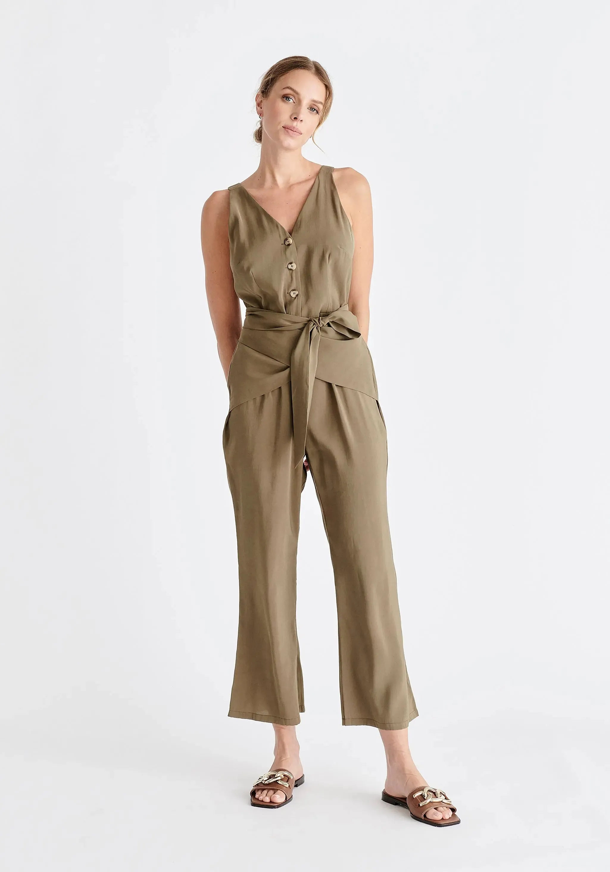 Khaki Waist Tie Jumpsuit