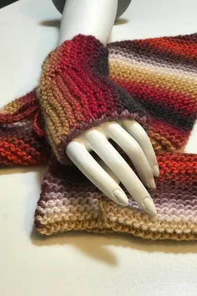 Knitted Scarf and Mittens for Women, Scarf and Fingerless Gloves Set in Red and Brown Color