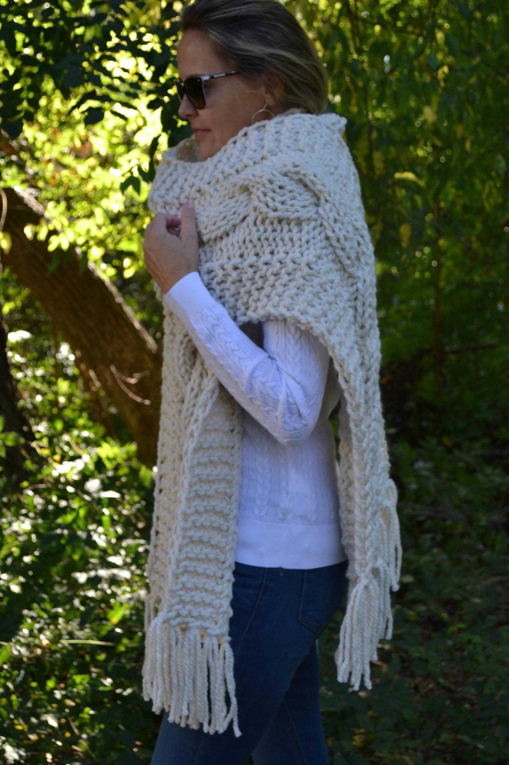 Knitting Pattern DIY The Big Cozy Oversized Fringe Cable Knit Scarf Shawl Hand Knitted Women's  Boho Style