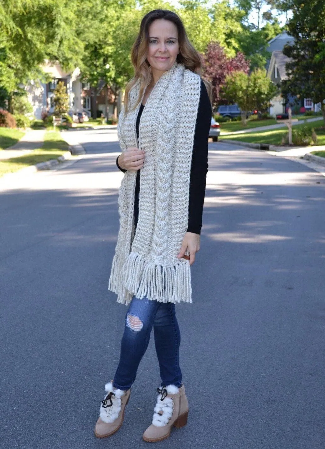 Knitting Pattern DIY The Blowing Rock Cozy Fringe Cable Knit Scarf, Shawl Hand Knitted Women's Boho Style Scarf