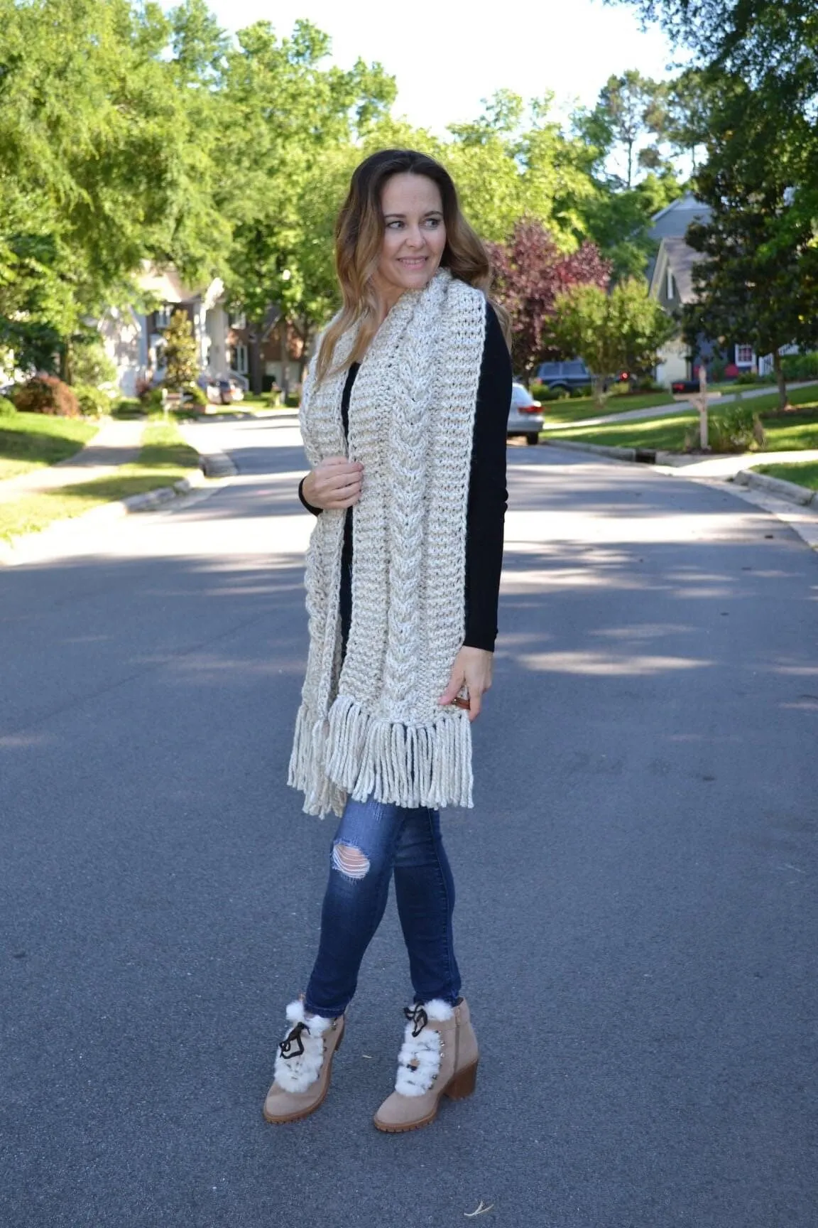 Knitting Pattern DIY The Blowing Rock Cozy Fringe Cable Knit Scarf, Shawl Hand Knitted Women's Boho Style Scarf