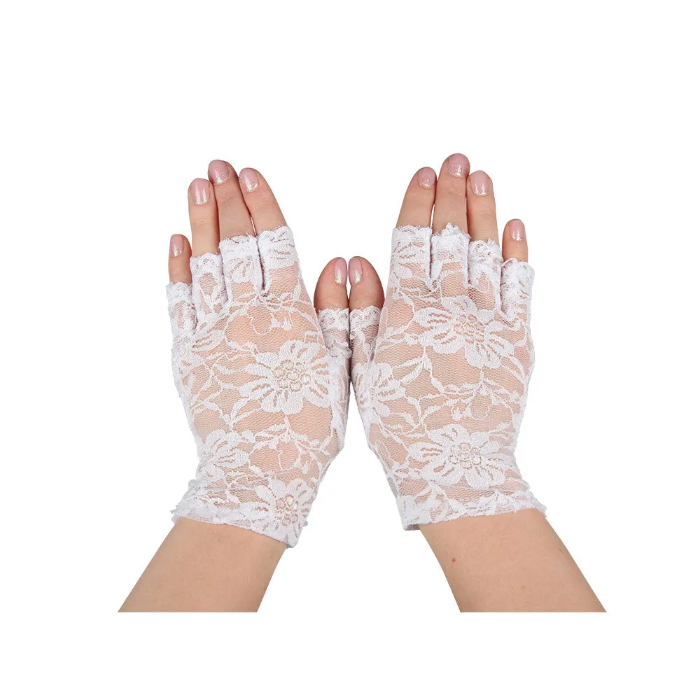 Ladies Short Lace Fingerless Gloves - White