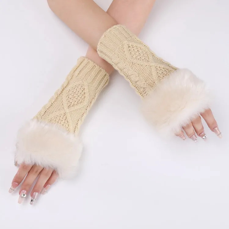 Ladies Short Type Furry Gloves Diamond Knit Warm Fingerless Arm Sleeves(Beige)