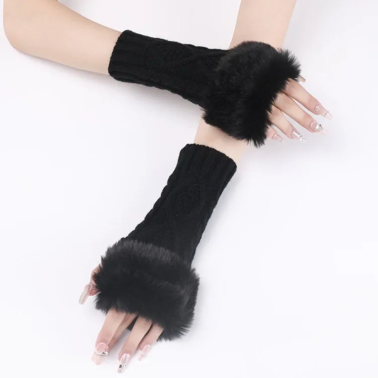 Ladies Short Type Furry Gloves Diamond Knit Warm Fingerless Arm Sleeves(Black)