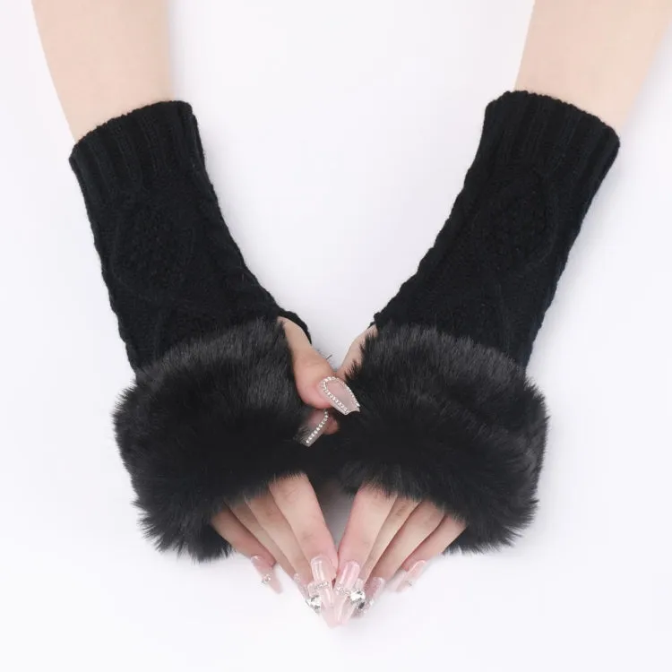 Ladies Short Type Furry Gloves Diamond Knit Warm Fingerless Arm Sleeves(Black)