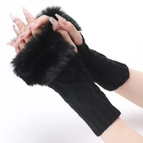 Ladies Short Type Furry Gloves Diamond Knit Warm Fingerless Arm Sleeves(Black)