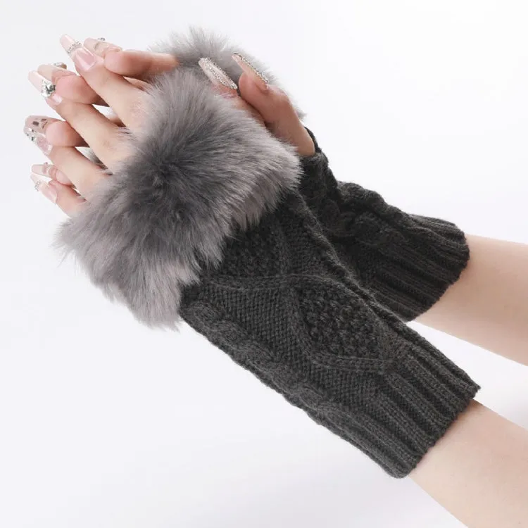 Ladies Short Type Furry Gloves Diamond Knit Warm Fingerless Arm Sleeves(Dark Gray)