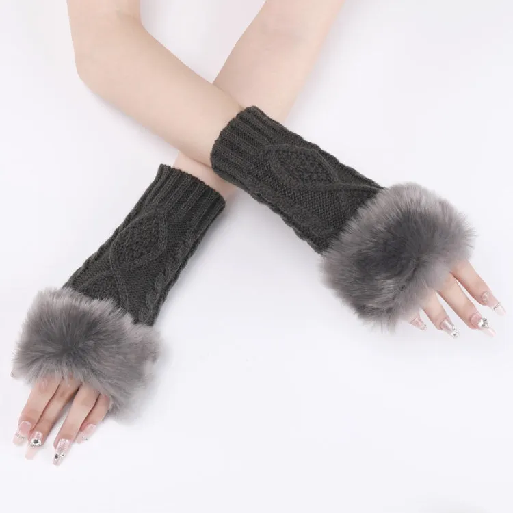 Ladies Short Type Furry Gloves Diamond Knit Warm Fingerless Arm Sleeves(Dark Gray)