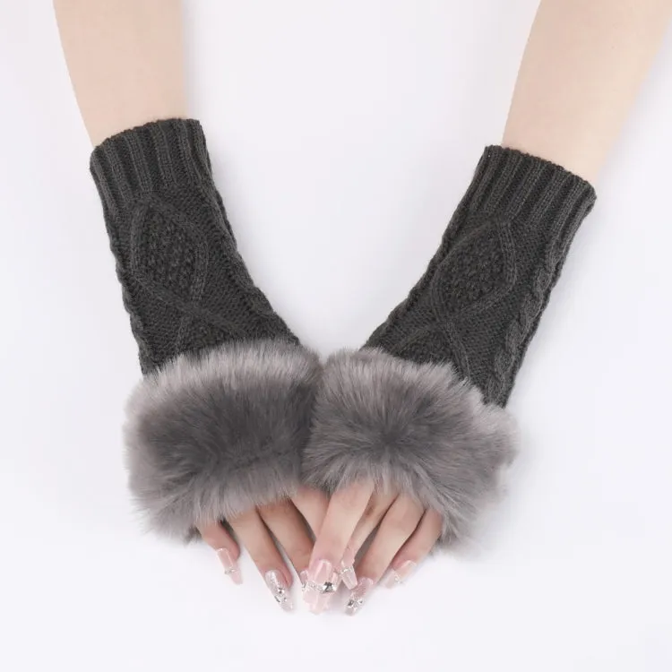 Ladies Short Type Furry Gloves Diamond Knit Warm Fingerless Arm Sleeves(Dark Gray)