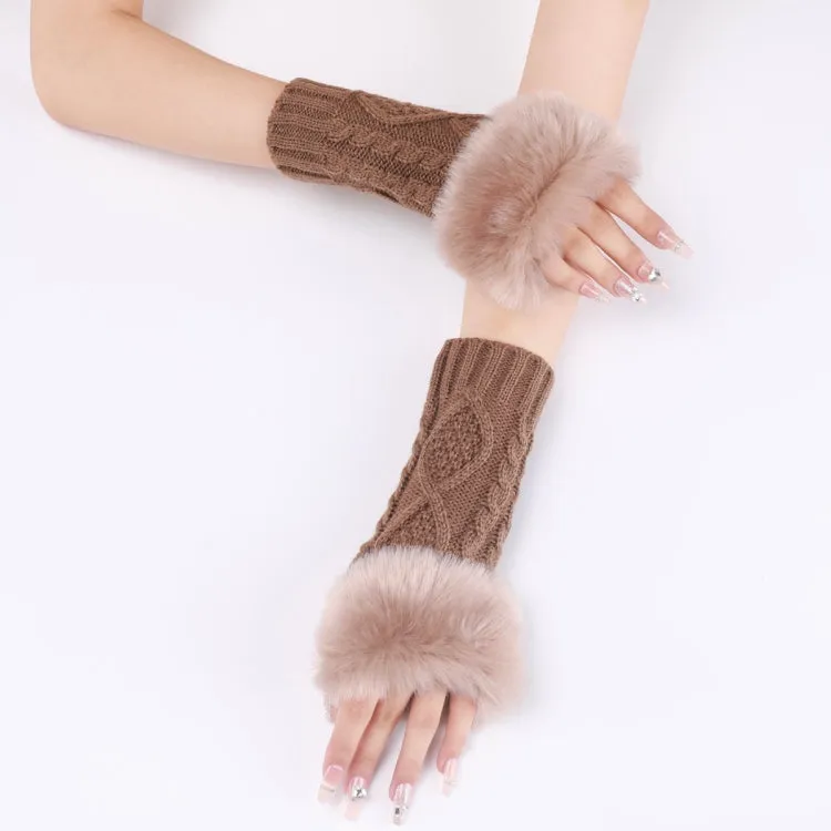 Ladies Short Type Furry Gloves Diamond Knit Warm Fingerless Arm Sleeves(Khaki)