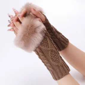 Ladies Short Type Furry Gloves Diamond Knit Warm Fingerless Arm Sleeves(Khaki)