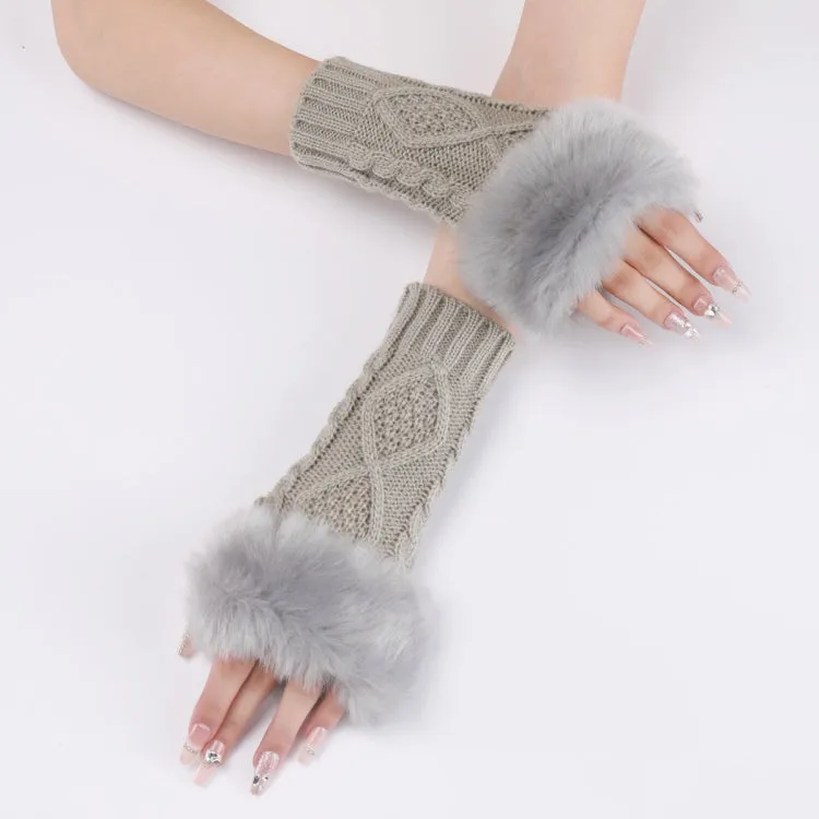 Ladies Short Type Furry Gloves Diamond Knit Warm Fingerless Arm Sleeves(Light Grey)