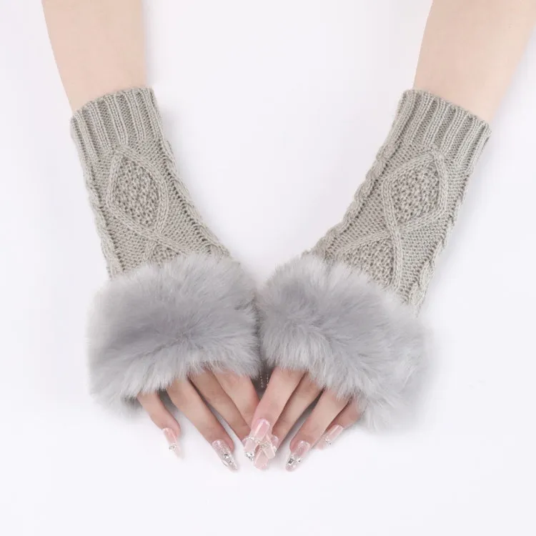 Ladies Short Type Furry Gloves Diamond Knit Warm Fingerless Arm Sleeves(Light Grey)