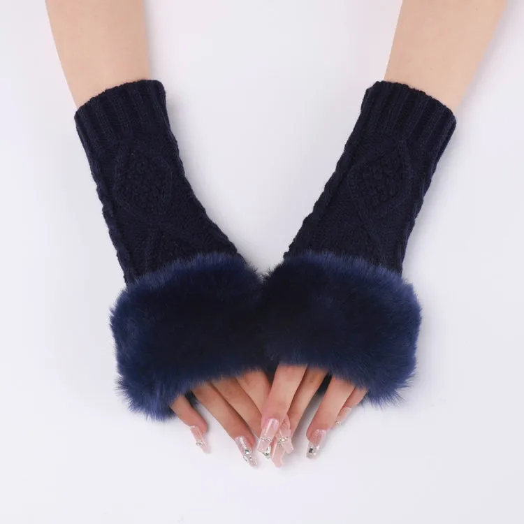 Ladies Short Type Furry Gloves Diamond Knit Warm Fingerless Arm Sleeves(Tibetan)