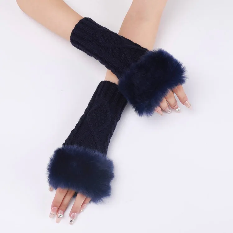 Ladies Short Type Furry Gloves Diamond Knit Warm Fingerless Arm Sleeves(Tibetan)