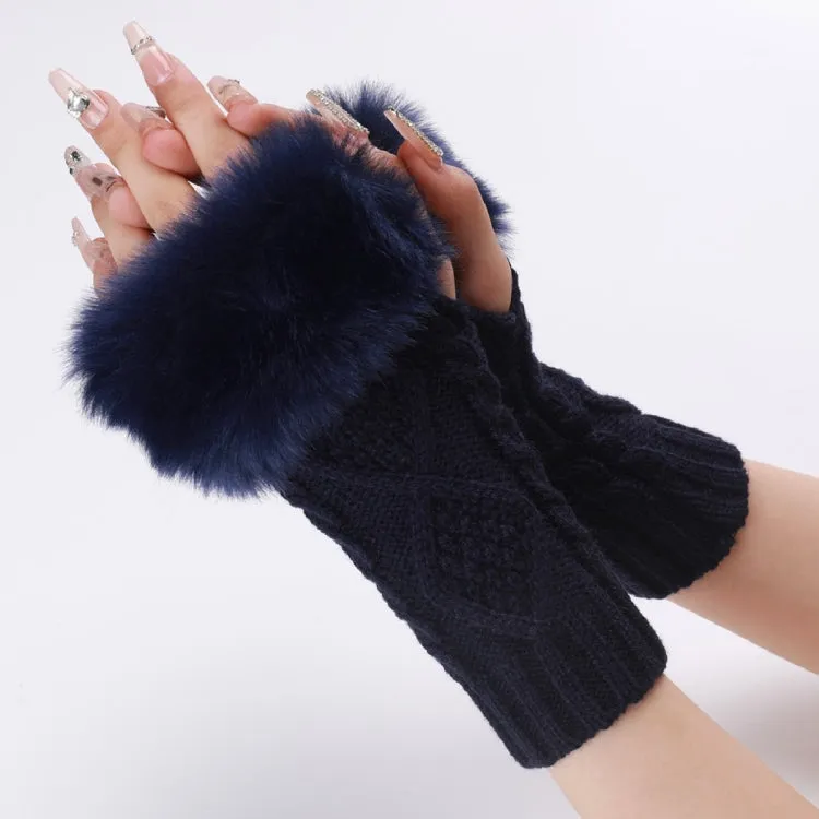 Ladies Short Type Furry Gloves Diamond Knit Warm Fingerless Arm Sleeves(Tibetan)