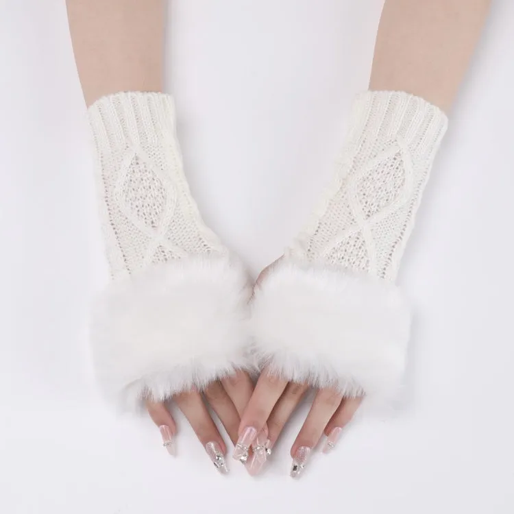 Ladies Short Type Furry Gloves Diamond Knit Warm Fingerless Arm Sleeves(White)