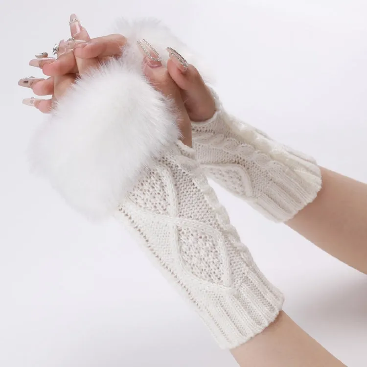 Ladies Short Type Furry Gloves Diamond Knit Warm Fingerless Arm Sleeves(White)