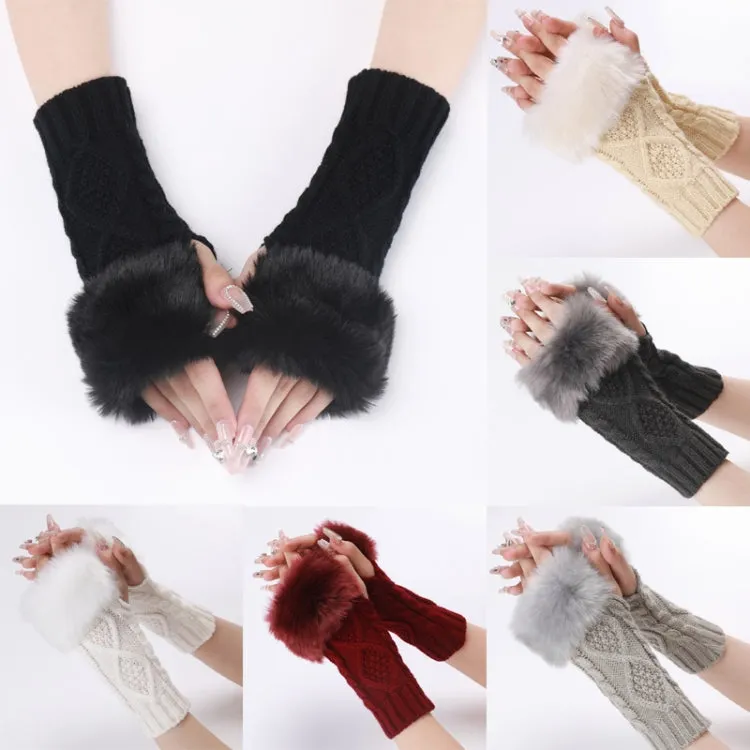 Ladies Short Type Furry Gloves Diamond Knit Warm Fingerless Arm Sleeves(Wine Red)