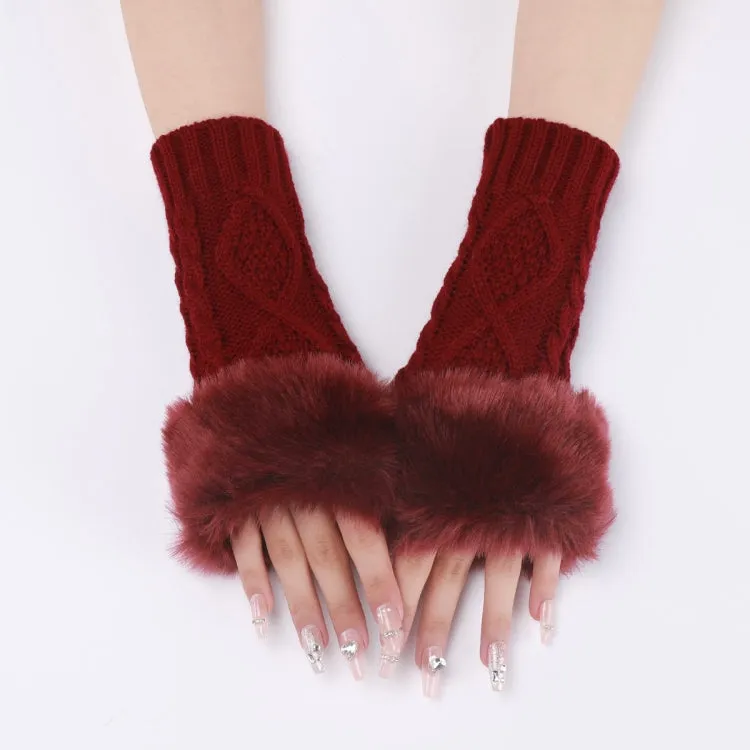 Ladies Short Type Furry Gloves Diamond Knit Warm Fingerless Arm Sleeves(Wine Red)