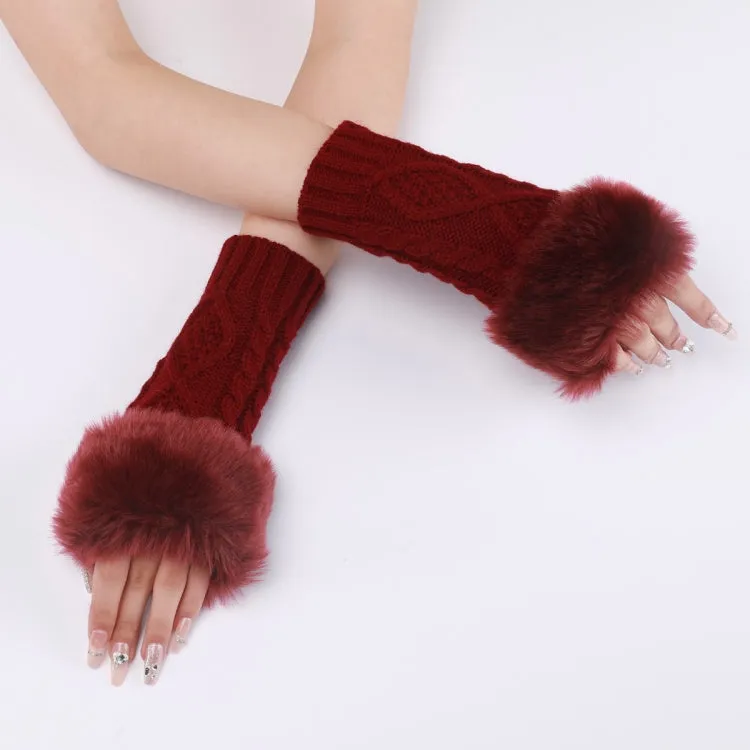 Ladies Short Type Furry Gloves Diamond Knit Warm Fingerless Arm Sleeves(Wine Red)