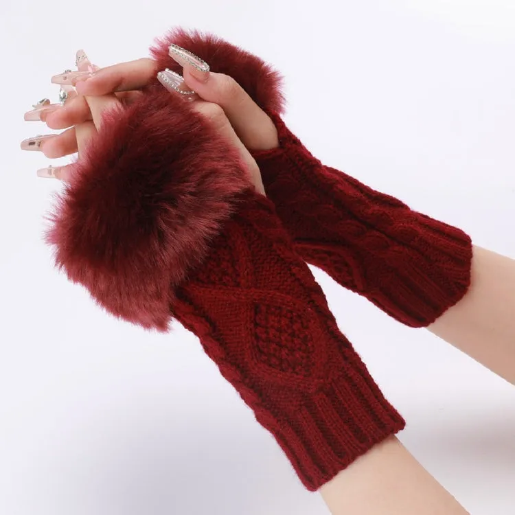 Ladies Short Type Furry Gloves Diamond Knit Warm Fingerless Arm Sleeves(Wine Red)