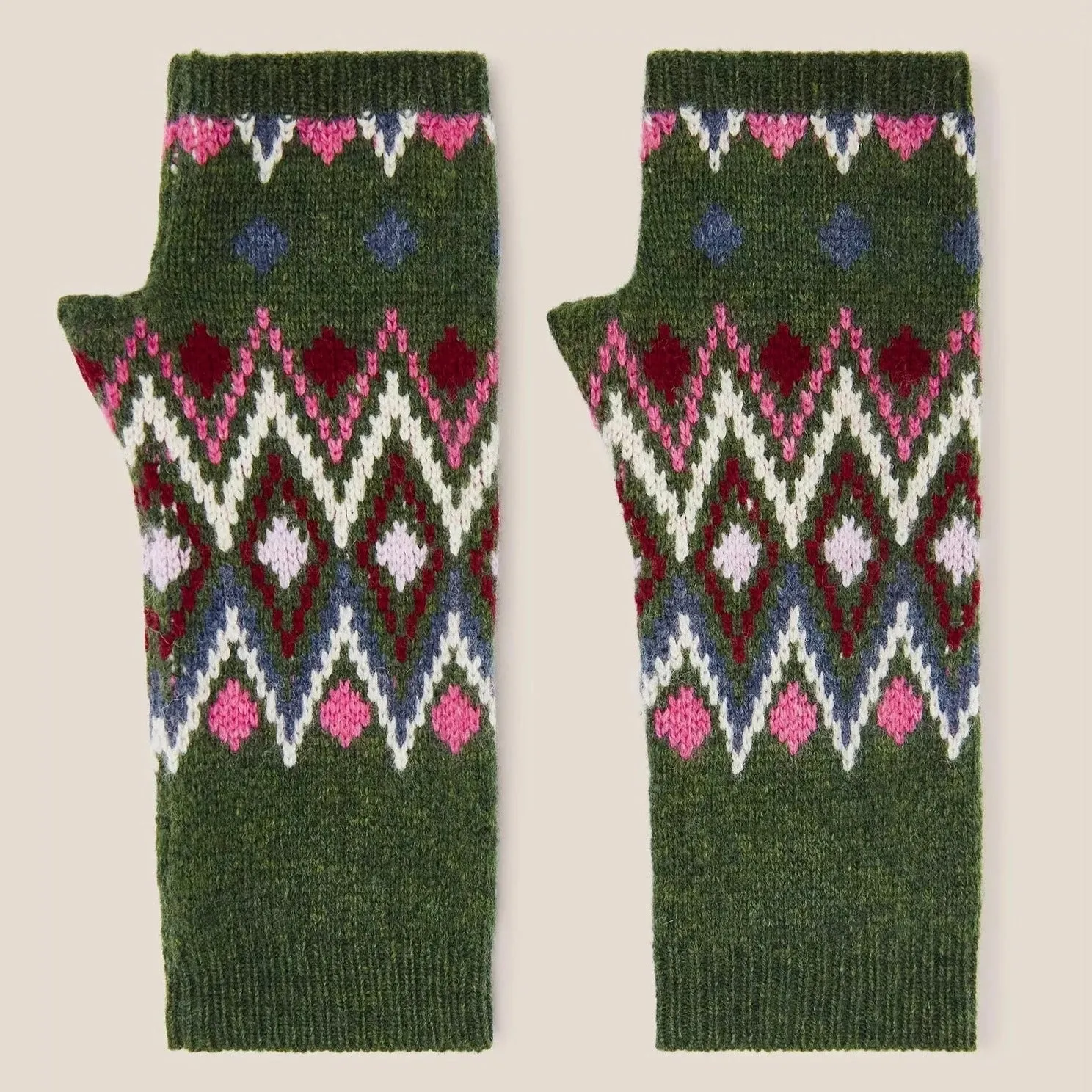 Lambswool Fingerless Gloves - Green Multi