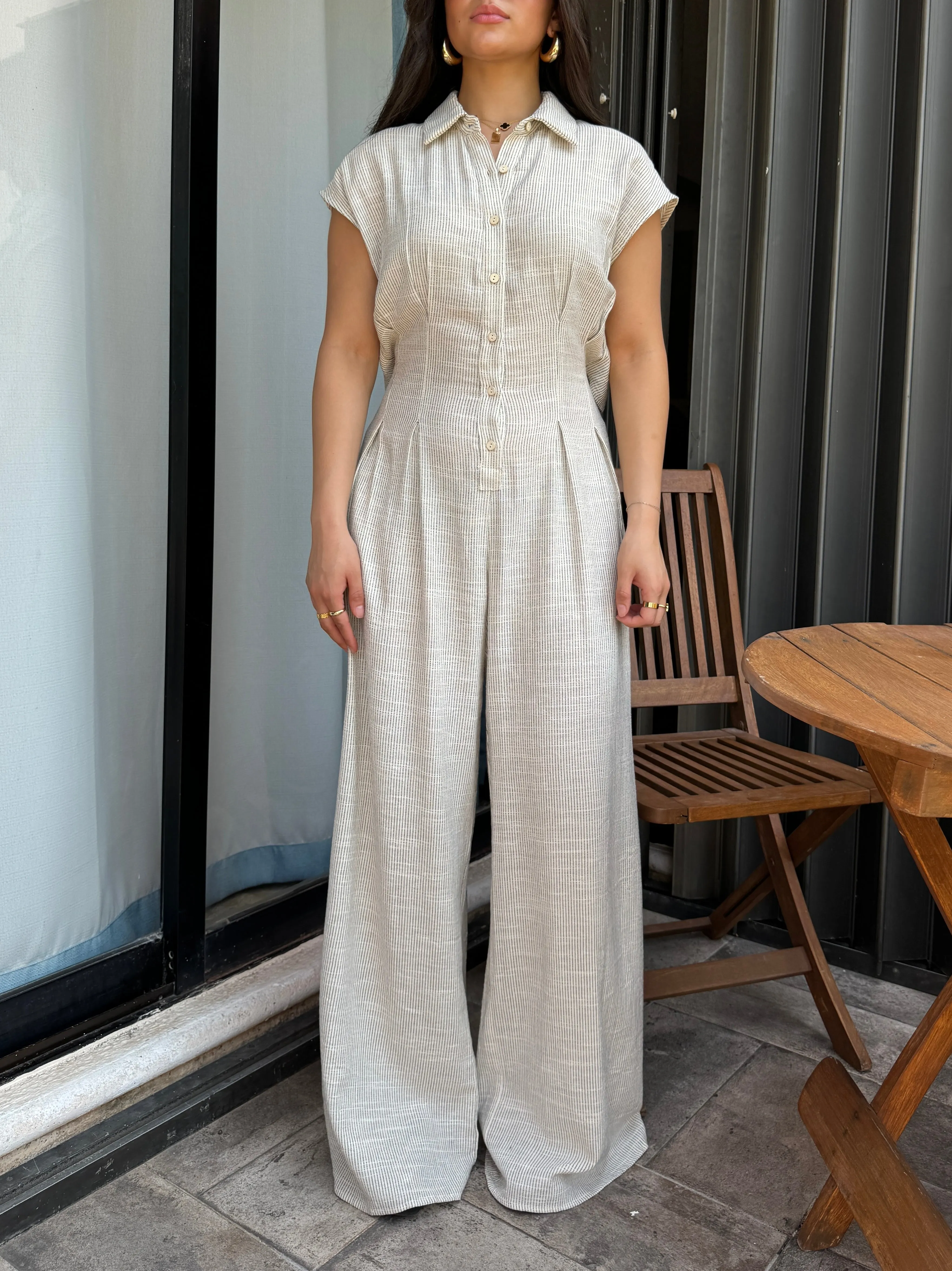 Linen Pinstripe Pleated Jumpsuit