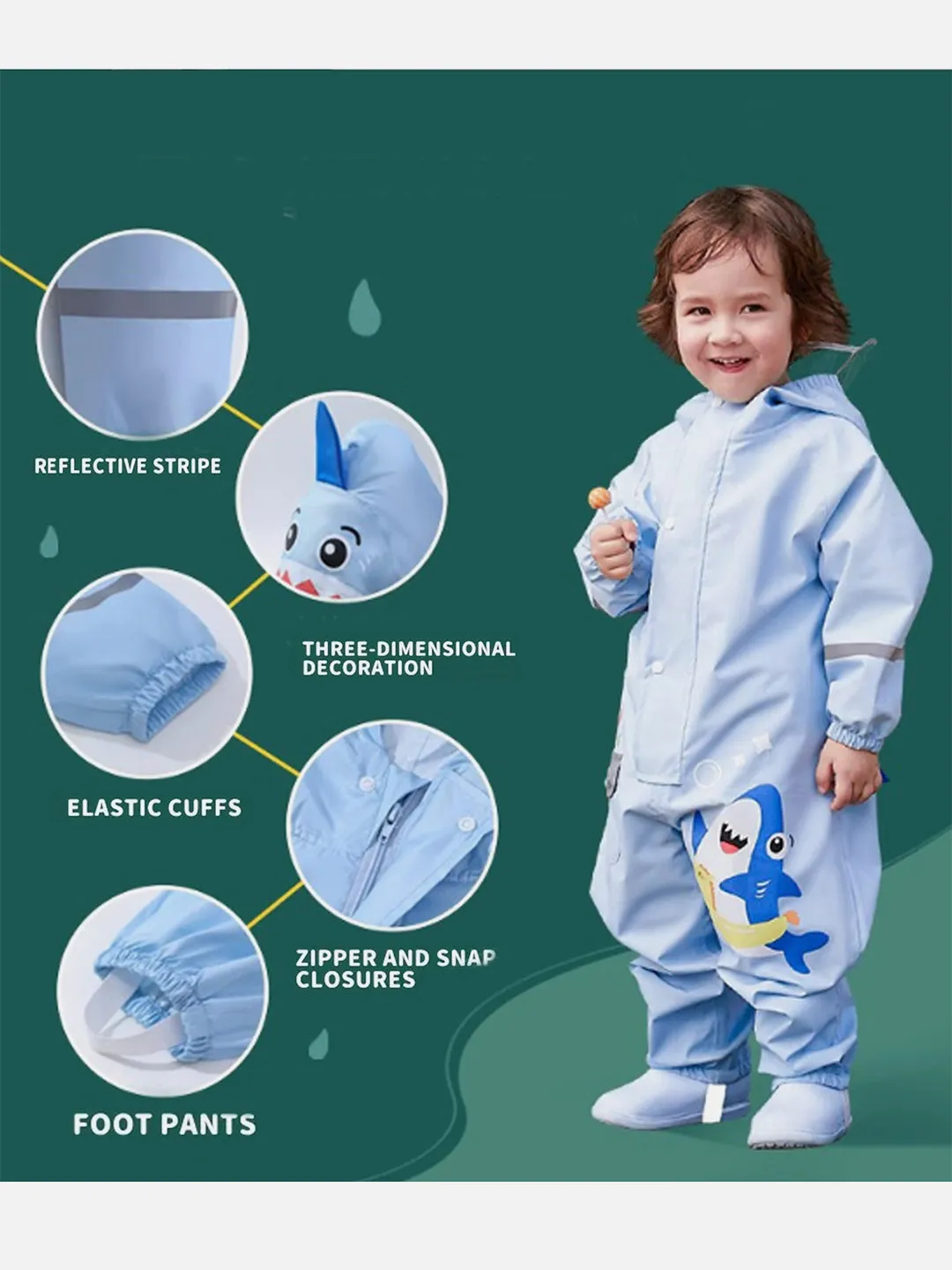 Little Surprise Box Light Blue Submarine theme full Jumpsuit Style Raincoat for Toddlers and Kids